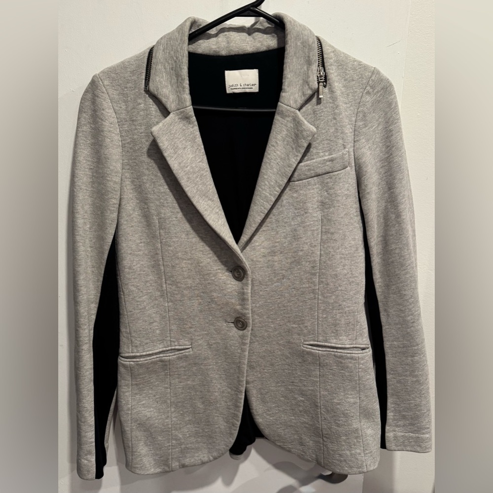 Judith&Charles Stretch cotton blazer jacket zipper gray slim moto office street